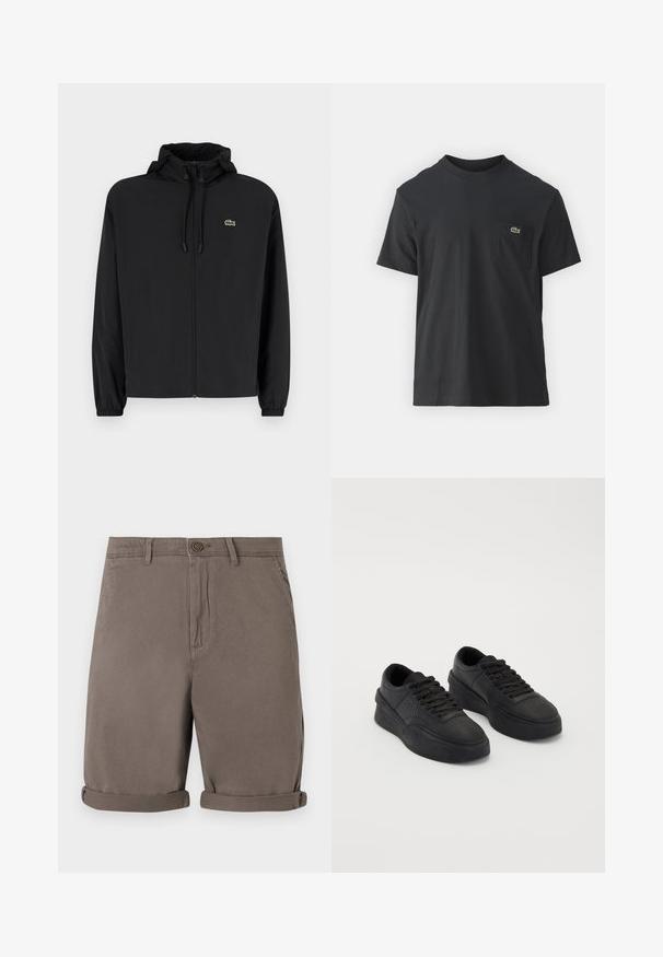 Jachetă neagră cu fermoar și glugă, fabricată din material ușor. Are manșete elastice și un mic logo verde pe pieptul stâng.; Tricou din bumbac negru, cu mâneci scurte, decolteu rotund și un mic logo verde pe buzunarul stâng al pieptului. Design simplu, fit normal.; Pantaloni scurți din bumbac maro, cu croială dreaptă, având închidere cu nasture și manșete răsucite. Textură netedă, fără motive sau accente vizibile.; Tenisi negri din piele netedă, cu o talpă amortizată. Caracteristicile includ șireturi plate, perforații pe vârf și un profil elegant.