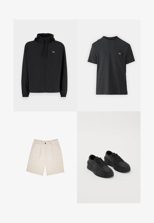 Black zip-up jacket with a hood, made of lightweight material. Features elastic cuffs and a small green logo on the left chest.; Black cotton t-shirt with short sleeves, round neckline, and a small green logo on the left chest pocket. Simple design, regular fit.; Beige shorts made of soft fabric, featuring a flat front with two pleats, belt loops, and side pockets. Single button closure at waist.; Black sneakers made of smooth leather with a cushioned sole. Features include flat laces, perforations on the toe, and a sleek silhouette.
