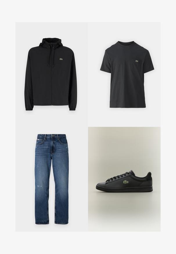 Crna jakna na zip s kapuljačom, izrađena od laganog materijala. Ima elastične manžete i mali zeleni logotip na lijevoj strani prsnog koša.; Crna pamučna majica s kratkim rukavima, okruglim izrezom i malim zelenim logotipom na lijevoj strani džepa. Jednostavan dizajn, regularni kroj.; Plave traperice s ravnim nogavicama. Imaju izblijeđena područja i lagano oštećenje sprijeda, s klasičnim kopčanjem na gumbi.; Crna niska kožna tenisica s crnim vezicama koja ima zeleni krokodilski logo sa strane, smještena na jednoličnoj neutralnoj pozadini.