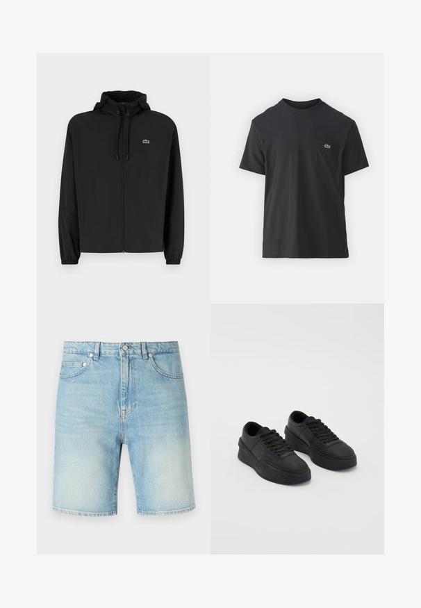 Juodas užtrauktukas striukė su gaubtu, pagaminta iš lengvos medžiagos. Savybės: elastiniai apykaklės ir mažas žalias logotipas kairėje krūtinės pusėje.; Juodas medvilninis marškinėliai trumpomis rankovėmis, apvaliu iškirpimu ir maža žalia logo kairėje krūtinės kišenėje. Paprastas dizainas, reguliaraus pjaustymo.; Šviesiai mėlyni džinsiniai šortai su klasikinio penkių kišenių dizainu, sagties uždarymu ir šiek tiek nusidėvėjusia audinio tekstūra.; Juodi sportbačiai, pagaminti iš lygaus odos, su paminkštintu padu. Ypatybės: plokščios raišteliai, perforacijos ant pirštų srities ir elegantiška siluetas.