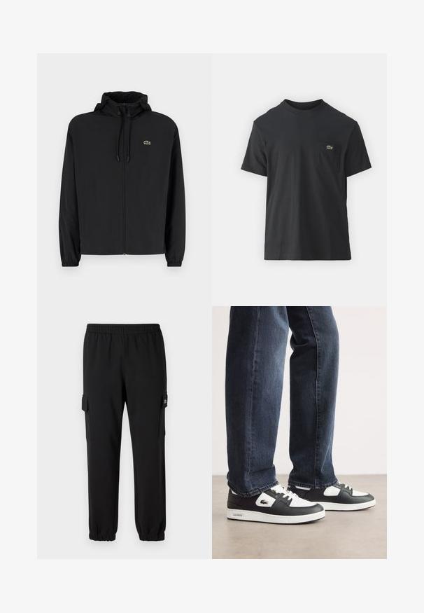 Melnas rāvējslēdzēja jakas ar kapuci, izgatavota no viegla materiāla. Ar elastīgām piedurknēm un mazu zaļu logo kreisajā krūtī.; Melnas kokvilnas T-krekls ar īsām piedurknēm, apaļu kakla izgriezumu un mazu zaļu logotipu kreisajā krūšu kabatē. Vienkāršs dizains, regulāra piegriezuma.; Melnas sporta bikses ar elastīgu jostasvietu, sašaurinātiem piedurkņu galiem un sānu kravu kabatām. Izgatavotas no mīksta materiāla ar gludu tekstūru.; Melnbalti Lacoste sporta apavi ar teksturētu ādas augšdaļu, ar saistēm un baltu gumijas zoli. Nēsāti ar tumšām džinsām.