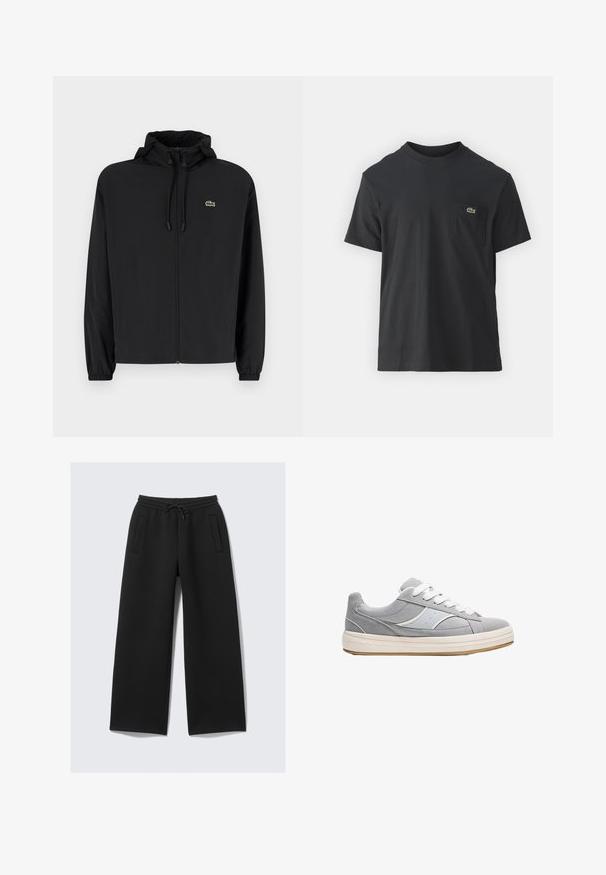 Jachetă neagră cu fermoar și glugă, fabricată din material ușor. Are manșete elastice și un mic logo verde pe pieptul stâng.; Tricou din bumbac negru, cu mâneci scurte, decolteu rotund și un mic logo verde pe buzunarul stâng al pieptului. Design simplu, fit normal.; Pantaloni de trening negri, cu croială largă, dotati cu talie elastică și șnur, având două buzunare verticale pe față.; Adidași gri din suede cu o talpă din cauciuc alb, șireturi albe și un accent gri subtil pe lateral, având o textură netedă și un design clasic.