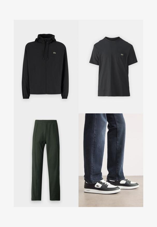 Črna jakna na zadrgo s kapuco, izdelana iz lahkega materiala. Ima elastične manšete in majhen zeleni logotip na levem prsnem delu.; Črna bombažna majica s kratkimi rokavi, okroglo ovratnikom in majhnim zelenim logotipom na levem žepu. Preprost dizajn, redna prileganje.; Temnozeleni športni hlače z gladko teksturo, z elastičnim pasom in kontrastnimi belimi stranskimi črtami. Slim-fit zasnova.; Črno-bele Lacoste superge z zgornjim delom iz teksturirane usnje, s čipkastim zapiranjem in belim gumijastim podplatom. Oblečene z temnimi kavbojkami.