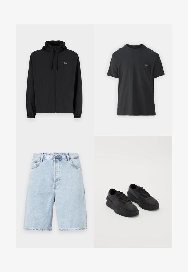 Svart zip-up jakke med hette, laget av lett materiale. Har elastiske mansjetter og en liten grønn logo på venstre bryst.; Svart bomull t-skjorte med korte ermer, rund hals og en liten grønn logo på venstre brystlomme. Enkelt design, normal passform.; Lys blå denimshorts med en avslappet passform, med glidelås, fem lommer og kontrasterende sømmer langs sømmene.; Sorte sneakers laget av glatt lær med en polstret såle. Funksjoner inkluderer flate snøringer, perforeringer på tåpartiet, og en elegant silhuett.