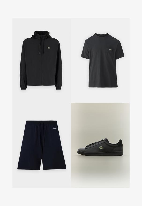 Zwarte zip-up jas met een capuchon, gemaakt van lichtgewicht materiaal. Heeft elastische manchetten en een klein groen logo op de linkerborst.; Zwarte katoenen t-shirt met korte mouwen, ronde halslijn en een klein groen logo op de linkerkant van de borstzak. Eenvoudig ontwerp, normale pasvorm.; Marineblauwe shorts van zacht materiaal, met een elastische tailleband en letters met de tekst "Future" geborduurd nabij de bovenkant.; Zwarte leren sneaker met lage schacht en zwarte veters, met een groen krokodillenlogo aan de zijkant, tegen een neutrale achtergrond.