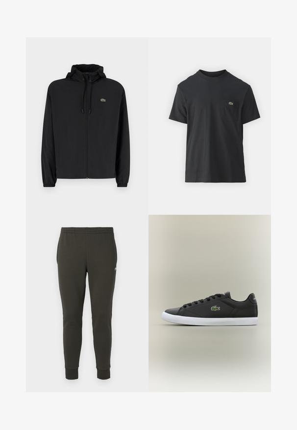 Fekete, kapucnis, cipzáras dzseki, könnyű anyagból készült. Rugalmas mandzsettákkal és egy kis zöld logóval rendelkezik a bal mellrészen.; Fekete pamut póló rövid ujjakkal, kerek nyakú, bal oldalon egy kis zöld logóval a zseb fölött. Egyszerű dizájn, normál szabású.; Sötétzöld, puha anyagból készült jogger nadrág, rugalmas derékkal, bordázott passzés szárakkal és egy kis logóval az oldalon.; Fekete bőr sportcipők fehér gumitalppal, zöld krokodil logóval és kerek fűzőkkel, elegáns dizájn sima felülettel.