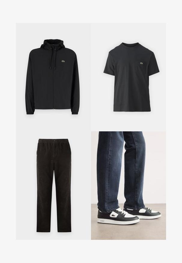 Czarna kurtka zapinana na zamek z kapturem, wykonana z lekkiego materiału. Posiada elastyczne mankiety oraz małe zielone logo na lewej piersi.; Czarna bawełniana koszulka z krótkim rękawem, okrągłym dekoltem i małym zielonym logo na lewej kieszeni piersiowej. Prosty design, regularny krój.; Czarne spodnie z korduroy o prostym kroju nogawki, z elastycznym paskiem w talii i pojedynczym zapięciem na guzik. Gładka tekstura, minimalne detale.; Czarno-białe sneakersy Lacoste z teksturowaną skórzaną cholewką, z wiązaniem i białą gumową podeszwą. Noszone z ciemnymi dżinsami.