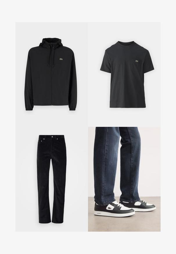 Casaco preto com fecho éclair e capuz, feito de material leve. Apresenta punhos elásticos e um pequeno logotipo verde no lado esquerdo do peito.; Camiseta de algodão preta com mangas curtas, decote redondo e um pequeno logo verde no bolso do peito esquerdo. Design simples, corte regular.; Calças de veludo cotelê pretas com um design de perna reta. Apresenta um fecho de botão e styling de cinco bolsos. Tecido texturizado com riscas.; Sneakers Lacoste em preto e branco com parte superior em couro texturizado, apresentando um design com atacadores e uma sola de borracha branca. Usadas com jeans escuros.