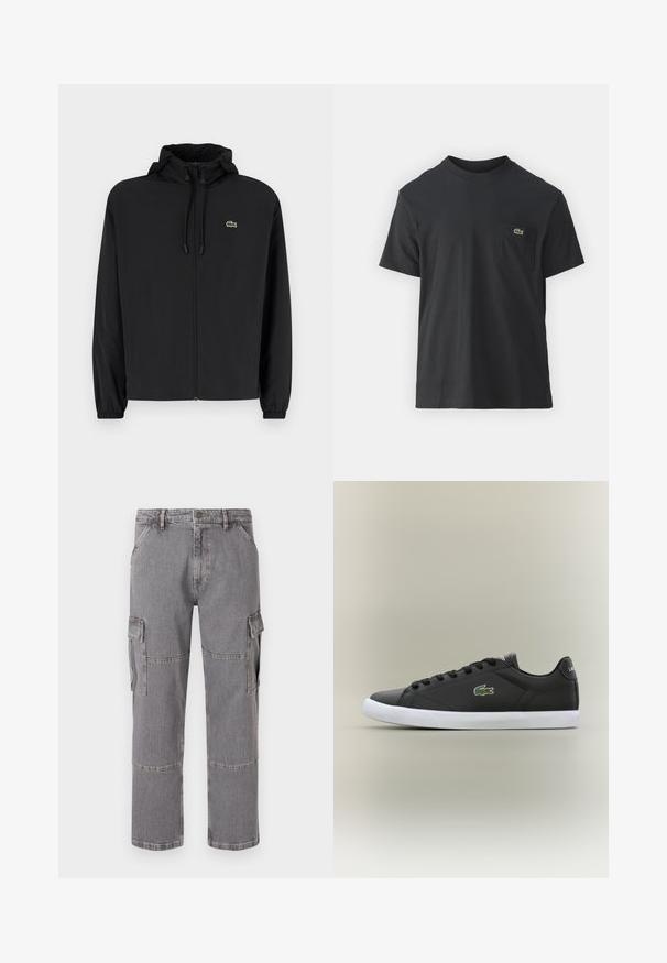 Svart zip-jacka med huva, tillverkad av lätt material. Har elastiska muddar och en liten grön logotyp på vänster bröst.; Svart bomullströja med korta ärmar, rund halsringning och en liten grön logotyp på vänster bröstficka. Enkelt mönster, vanlig passform.; Grå cargojeans i denimtyg med flera fickor, rak benform och synliga söm detaljer.; Svarta lädersneakers med vit gummisula, med en grön krokodil-logotyp och runda snörningar, slankt design med slät textur.