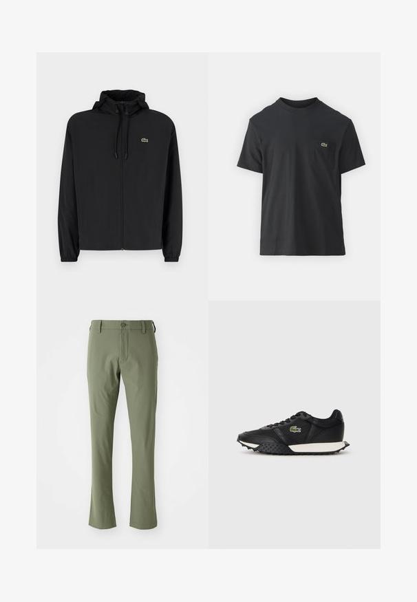 Melnas rāvējslēdzēja jakas ar kapuci, izgatavota no viegla materiāla. Ar elastīgām piedurknēm un mazu zaļu logo kreisajā krūtī.; Melnas kokvilnas T-krekls ar īsām piedurknēm, apaļu kakla izgriezumu un mazu zaļu logotipu kreisajā krūšu kabatē. Vienkāršs dizains, regulāra piegriezuma.; Zaļas uzvalka bikses ar šauru griezumu, izgatavotas no gludas auduma. Satur priekšējo rāvējslēdzēju, pogu aizdari un taisnas maliņas.; Melnas kedas ar gludu ādas apdari, ar strukturētu gumijas zoli, baltu vidusdaļu un zaļu izšūtu logo sānos.