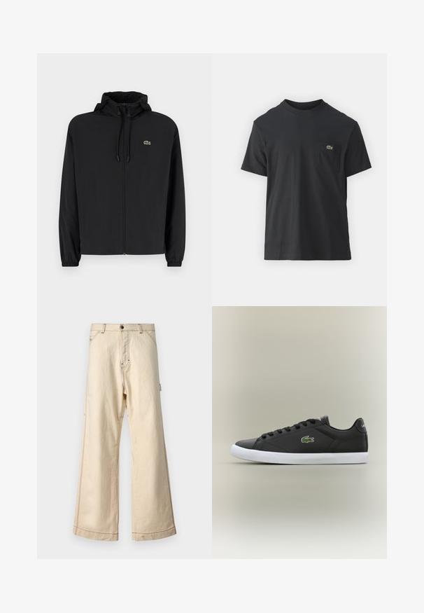 Juodas užtrauktukas striukė su gaubtu, pagaminta iš lengvos medžiagos. Savybės: elastiniai apykaklės ir mažas žalias logotipas kairėje krūtinės pusėje.; Juodas medvilninis marškinėliai trumpomis rankovėmis, apvaliu iškirpimu ir maža žalia logo kairėje krūtinės kišenėje. Paprastas dizainas, reguliaraus pjaustymo.; Bežinės plačios kelnės, pagamintos iš medvilnės, su užtrauktuku ir mygtuku, turinčios kontrastingą siuvimą ir šonines kišenes.; Juodos odinės sportbačiai su baltais guminiais padais, turintys žalią krokodilo logotipą ir apvalias raišteles, elegantiškas dizainas su lygia tekstūra.