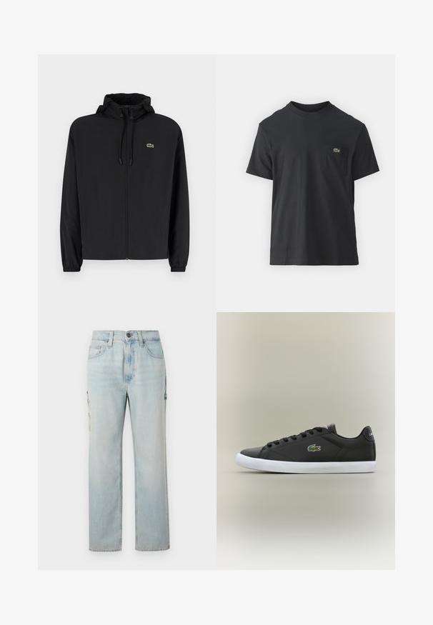 Mustmust jacket, millel näpsuga, kergest materjalist. Omab elastseid mansette ja väikest rohelist logo vasakul rinnal.; Must musta T-särk lühikeste varrukatega, ümmarguse kaelusega ja väikese rohelise logoga vasakus rinnataskus. Lihtne disain, regulaarne lõige.; hele sinised teksakorvpüksid sirge säärega, millel on kaks küljetaskut ja nööbiga sulgur. Peen pleekimine lisab tekstuurse välimuse.; Mustad mustad nahast tennisetossud valge kummist tallaga, millel on roheline krokodillilogo ja ümmargused paelad, stiilne disain sujuva tekstuuriga.