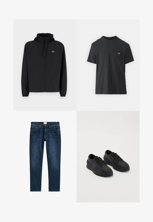 Black zip-up jacket with a hood, made of lightweight material. Features elastic cuffs and a small green logo on the left chest.; Black cotton t-shirt with short sleeves, round neckline, and a small green logo on the left chest pocket. Simple design, regular fit.; Dark blue denim jeans with a straight-leg cut, five pockets, belt loops, and subtle fading. The fabric has a smooth texture.; Black sneakers made of smooth leather with a cushioned sole. Features include flat laces, perforations on the toe, and a sleek silhouette.