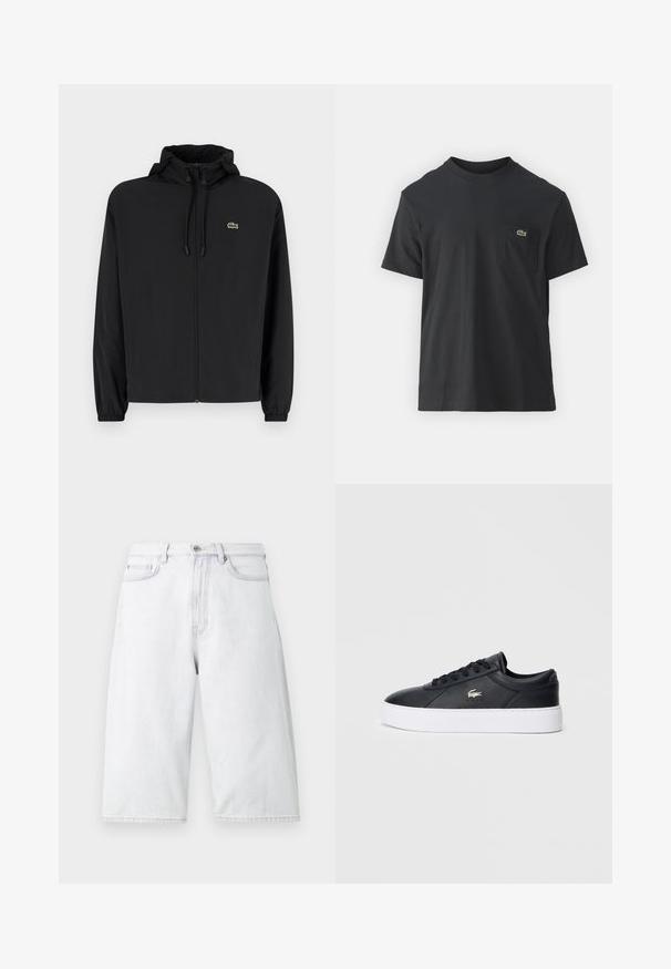 Black zip-up jacket with a hood, made of lightweight material. Features elastic cuffs and a small green logo on the left chest.; Black cotton t-shirt with short sleeves, round neckline, and a small green logo on the left chest pocket. Simple design, regular fit.; Light gray denim shorts with a loose fit, featuring a buttoned waistband, front pockets, and clean, straight hems.; Black leather sneaker with a rounded toe, tonal laces, and a padded collar. Features a white platform sole and a small logo accent.