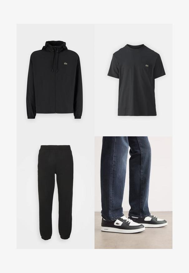 Giacca nera con zip e cappuccio, realizzata in materiale leggero. Caratterizzata da polsini elasticizzati e un piccolo logo verde sul petto sinistro.; T-shirt in cotone nero con maniche corte, scollatura rotonda e un piccolo logo verde sul taschino sinistro. Design semplice, vestibilità regolare.; Pantaloni neri in felpa realizzati in tessuto morbido, con cintura elastica e polsini arricciati. Design semplice senza motivi o loghi visibili.; Sneaker Lacoste in bianco e nero con tomaia in pelle testurizzata, dotate di un design con lacci e suola in gomma bianca. Indossate con jeans scuri.