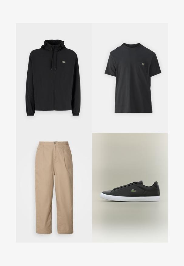 Crna jakna na zip s kapuljačom, izrađena od laganog materijala. Ima elastične manžete i mali zeleni logotip na lijevoj strani prsnog koša.; Crna pamučna majica s kratkim rukavima, okruglim izrezom i malim zelenim logotipom na lijevoj strani džepa. Jednostavan dizajn, regularni kroj.; Bež, lagane pamučne hlače s nabranim prednjim dijelom, zatvaranjem na dugme i ravnim nogavicama, s glatkom teksturom i bez vidljivih uzoraka.; Crne kožne tenisice s bijelim gumenim potplatom, s zelenim krokodilom kao logotipom i okruglim vezicama, elegantnog dizajna s glatkom teksturom.