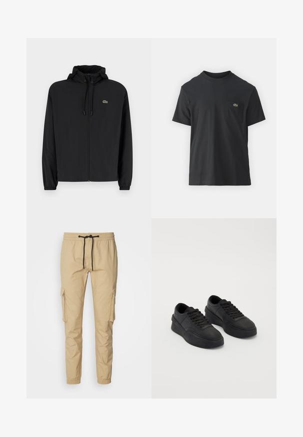 Black zip-up jacket with a hood, made of lightweight material. Features elastic cuffs and a small green logo on the left chest.; Black cotton t-shirt with short sleeves, round neckline, and a small green logo on the left chest pocket. Simple design, regular fit.; Calvin Klein Jeans WASHED - Cargo trousers - travertine; Pair of black low-top platform sneakers with laces, thick soles, and perforation details on the toe area against a plain background.