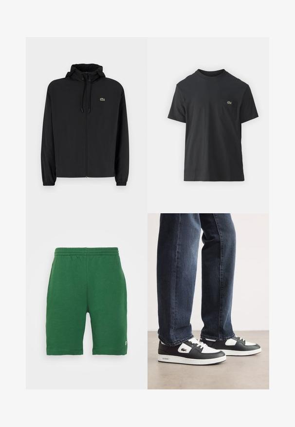 Fekete, kapucnis, cipzáras dzseki, könnyű anyagból készült. Rugalmas mandzsettákkal és egy kis zöld logóval rendelkezik a bal mellrészen.; Fekete pamut póló rövid ujjakkal, kerek nyakú, bal oldalon egy kis zöld logóval a zseb fölött. Egyszerű dizájn, normál szabású.; Zöld mez short, hajlékony derékkal és oldalsó zsebekkel, bal lábon egy kis logóval. Simas textúra, térd középig érő.; Fekete-fehér Lacoste sportcipők, texturált bőrből készült felső résszel, fűzős kivitelben és fehér gumitalppal. Sötét farmernadrággal viselve.