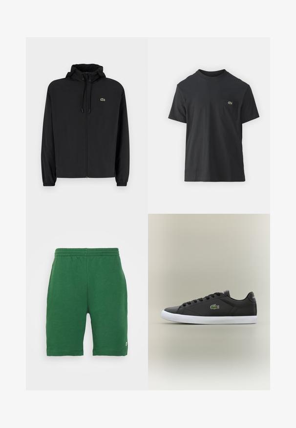 Crna jakna na zip s kapuljačom, izrađena od laganog materijala. Ima elastične manžete i mali zeleni logotip na lijevoj strani prsnog koša.; Crna pamučna majica s kratkim rukavima, okruglim izrezom i malim zelenim logotipom na lijevoj strani džepa. Jednostavan dizajn, regularni kroj.; Zeleni kratki hlače s elastičnim pojasom i bočnim džepovima, s malim logotipom na lijevoj nozi. Glatka tekstura, do koljena.; Crne kožne tenisice s bijelim gumenim potplatom, s zelenim krokodilom kao logotipom i okruglim vezicama, elegantnog dizajna s glatkom teksturom.