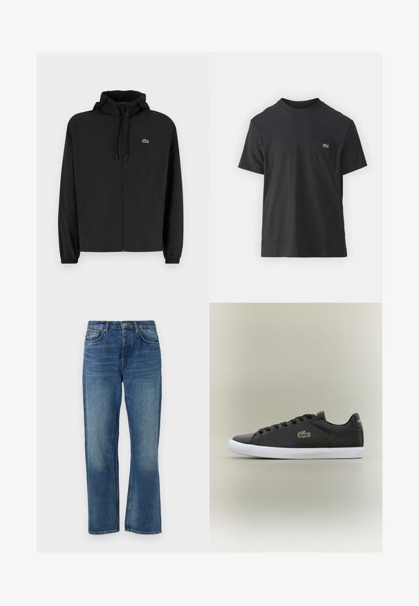 Juodas užtrauktukas striukė su gaubtu, pagaminta iš lengvos medžiagos. Savybės: elastiniai apykaklės ir mažas žalias logotipas kairėje krūtinės pusėje.; Juodas medvilninis marškinėliai trumpomis rankovėmis, apvaliu iškirpimu ir maža žalia logo kairėje krūtinės kišenėje. Paprastas dizainas, reguliaraus pjaustymo.; Mėlyni džinsai su tiesia linija, turintys klasikinį penkių kišenių dizainą, nudėvėtą tekstūrą ir varinius nago akcentus.; Juodos odinės sportbačiai su baltais guminiais padais, turintys žalią krokodilo logotipą ir apvalias raišteles, elegantiškas dizainas su lygia tekstūra.