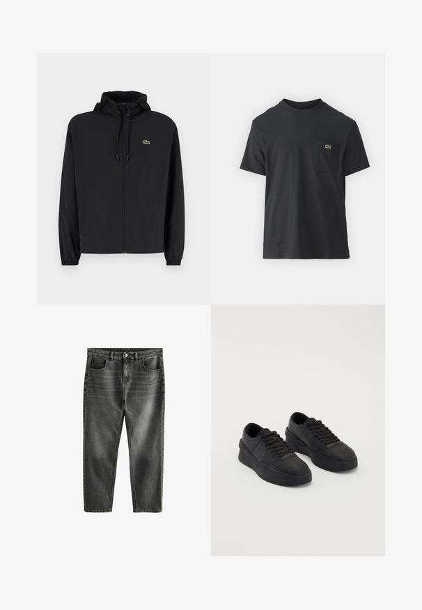 Chaqueta negra con cremallera y capucha, hecha de material ligero. Cuenta con puños elásticos y un pequeño logo verde en el lado izquierdo del pecho.; Camiseta de algodón negra de manga corta, con cuello redondo y un pequeño logotipo verde en el bolsillo izquierdo del pecho. Diseño simple, ajuste regular.; Jeans de mezclilla gris oscuro con un ajuste relajado, cinco bolsillos, un sutil desgastado y costuras en contraste. Cierre de botón metálico y cremallera.; Zapatillas negras de cuero suave con una suela acolchada. Entre sus características se incluyen cordones planos, perforaciones en la punta y una silueta estilizada.