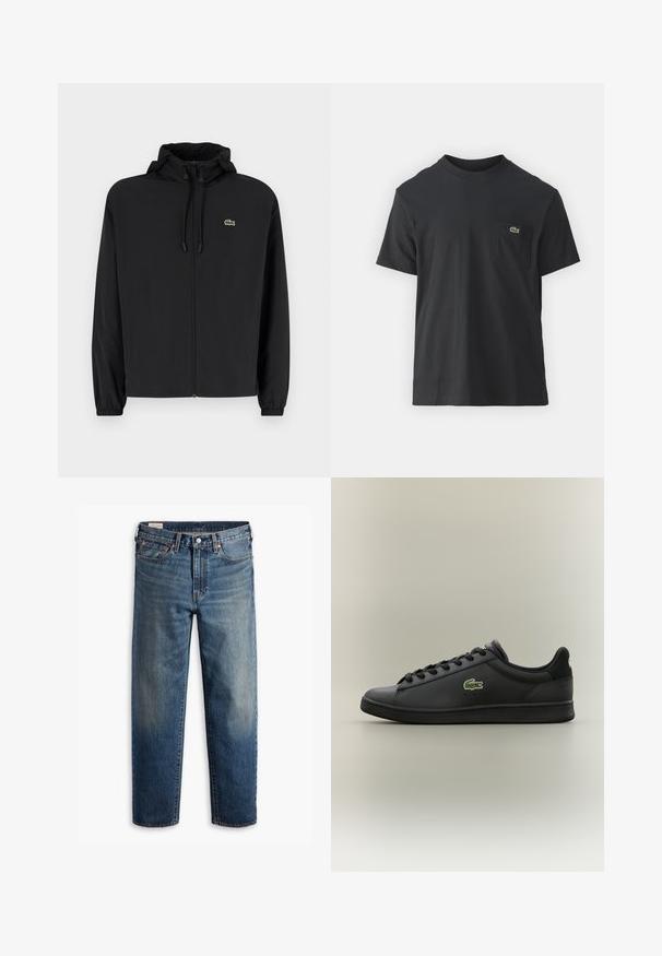 Mustmust jacket, millel näpsuga, kergest materjalist. Omab elastseid mansette ja väikest rohelist logo vasakul rinnal.; Must musta T-särk lühikeste varrukatega, ümmarguse kaelusega ja väikese rohelise logoga vasakus rinnataskus. Lihtne disain, regulaarne lõige.; Tumesinised teksapüksid lõdva lõikega, sirgete sääreosadega, viiepunktilise taskukujundusega ja õrna pleekimisega reitel. Hõbedased nööbid ja naelad.; Mustad musta nahast madala profiiliga toss, millel on mustad paelad ja rohelise krokodilli logo küljel, seistas lihtsal neutraalsel taustal.