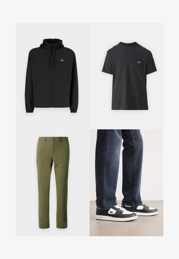 Casaco preto com fecho éclair e capuz, feito de material leve. Apresenta punhos elásticos e um pequeno logotipo verde no lado esquerdo do peito.; Camiseta de algodão preta com mangas curtas, decote redondo e um pequeno logo verde no bolso do peito esquerdo. Design simples, corte regular.; Calças verde-oliva feitas de um tecido suave, com um corte reto, apresentando um fecho de botão e passantes para cinto. Sem padrões ou detalhes visíveis.; Sneakers Lacoste em preto e branco com parte superior em couro texturizado, apresentando um design com atacadores e uma sola de borracha branca. Usadas com jeans escuros.
