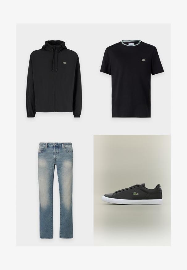 Černá zipová bunda s kapucí, vyrobená z lehkého materiálu. Má elastické manžety a malé zelené logo na levé hrudi.; Černé bavlněné tričko s kulatým výstřihem, se zeleno-bílým pruhovaným lemem a vyšitým zeleným krokodýlím logem na levém hrudníku.; Světle modré džíny ze světle modrého denimu s rovnými nohavicemi, vybledlými oblastmi, pěti kapsami a zapínáním na knoflík. Materiál vykazuje mírné známky opotřebení a oprýskání.; Černé kožené tenisky s bílou gumovou podrážkou, se zeleným logem krokodýla a kulatými tkaničkami, elegantní design s hladkým povrchem.