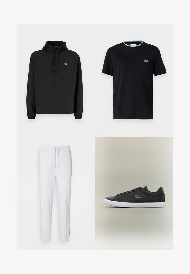 Fekete, kapucnis, cipzáras dzseki, könnyű anyagból készült. Rugalmas mandzsettákkal és egy kis zöld logóval rendelkezik a bal mellrészen.; Fekete pamut póló, kerek nyakkivágással, fehér és zöld csíkos díszítéssel, és zöld hímzett krokodil logóval a bal mellen.; HUGO DAYOTE - Tréningruha alsók - light pastel purple; Fekete bőr sportcipők fehér gumitalppal, zöld krokodil logóval és kerek fűzőkkel, elegáns dizájn sima felülettel.