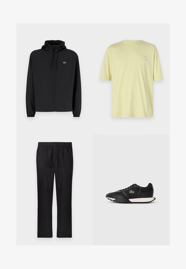 Black zip-up jacket with a hood, made of lightweight material. Features elastic cuffs and a small green logo on the left chest.; Light yellow cotton t-shirt with short sleeves, crew neckline, and two small "SAMSØE" logos printed on the upper left side.; Black linen pants with an elastic waistband and straight-leg design. Lightweight fabric with a smooth texture, no visible patterns or hardware.; Black sneakers with a smooth leather finish, featuring a textured rubber sole, white midsole, and a green embroidered logo on the side.