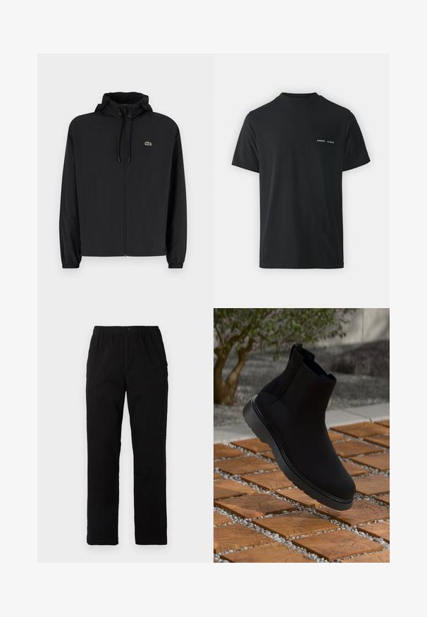 Svart zip-up jakke med hette, laget av lett materiale. Har elastiske mansjetter og en liten grønn logo på venstre bryst.; Svart bomull t-skjorte med klassisk rund hals, korte ermer og to små hvite "SAMSØE" logoer på venstre bryst.; Sorte bukser laget av bomullsblandet stoff, med rett snitt, elastisk midjebånd med knapp, og uten synlige mønstre eller detaljer.; Sorte ankelstøvler laget av glatt materiale med subtile sømmer, gummisåle og et strømlinjeformet design, plassert over en trestrukturert overflate.