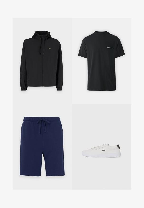 Melnas rāvējslēdzēja jakas ar kapuci, izgatavota no viegla materiāla. Ar elastīgām piedurknēm un mazu zaļu logo kreisajā krūtī.; Melnās kokvilnas T-krekls ar klasisku apaļu kaklu, īsām piedurknēm un diviem maziem baltiem "SAMSØE" logotipiem uz kreisā krūšu.; Tumši zilie šorti, kas izgatavoti no mīksta kokvilnas maisījuma, ar elastīgu jostu un auklu, kā arī sānu kabatām.; Baltas ādas sporta apavu modelis ar noapaļotu purngalu, sasienamu priekšpusi un melnu papēža akcentu. Satur nelielu izšūtu krokodila logo sānos.