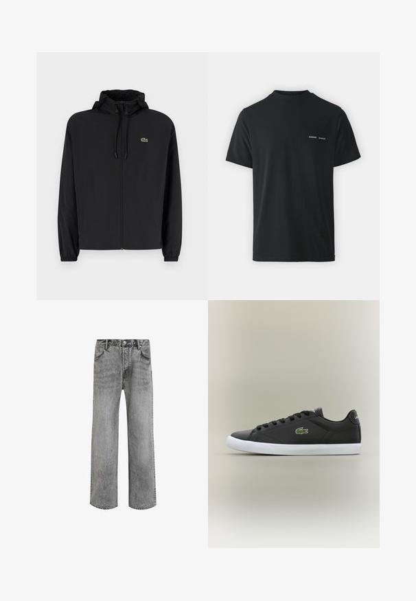 Juodas užtrauktukas striukė su gaubtu, pagaminta iš lengvos medžiagos. Savybės: elastiniai apykaklės ir mažas žalias logotipas kairėje krūtinės pusėje.; Juodas medvilnės marškinėliai su klasikinėmis apvalios apykaklės, trumpomis rankovėmis ir dviem mažais baltais "SAMSØE" logotipais ant kairiojo krūtinės.; Pilkos džinsinės kelnės su tiesaus kirpimo dizainu, aukšta talija, penkiomis kišenėmis ir išblukusią tekstūrą. Yra mygtukų užtrauktukas ir diržo kilpos.; Juodos odinės sportbačiai su baltais guminiais padais, turintys žalią krokodilo logotipą ir apvalias raišteles, elegantiškas dizainas su lygia tekstūra.