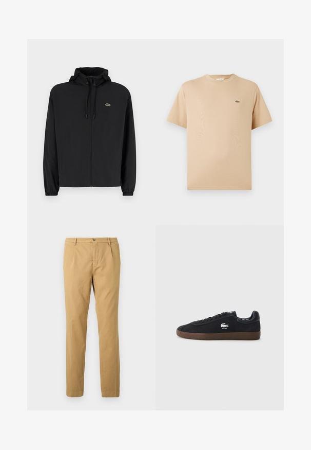 Juodas užtrauktukas striukė su gaubtu, pagaminta iš lengvos medžiagos. Savybės: elastiniai apykaklės ir mažas žalias logotipas kairėje krūtinės pusėje.; Šviesiai rudos spalvos medvilninė t-shirt marškinėliai su apvaliu kaklu, trumpomis rankovėmis; ant kairės pusės yra mažas, siuvinėtas žalias krokodilo logotipas.; Šviesiai smėlio spalvos medvilninės kelnės su tiesaus kirpimo dizainu, su užtrauktuku ir mygtuko uždarymu, taip pat su kišenėmis priekyje ir gale.; Juodos suede sportbačiai su guminėmis padangomis, apvaliu pirštu, raišteliu priekyje ir krokodilo logotipu šone. Odiniai akcentai ant kulno juodos spalvos.