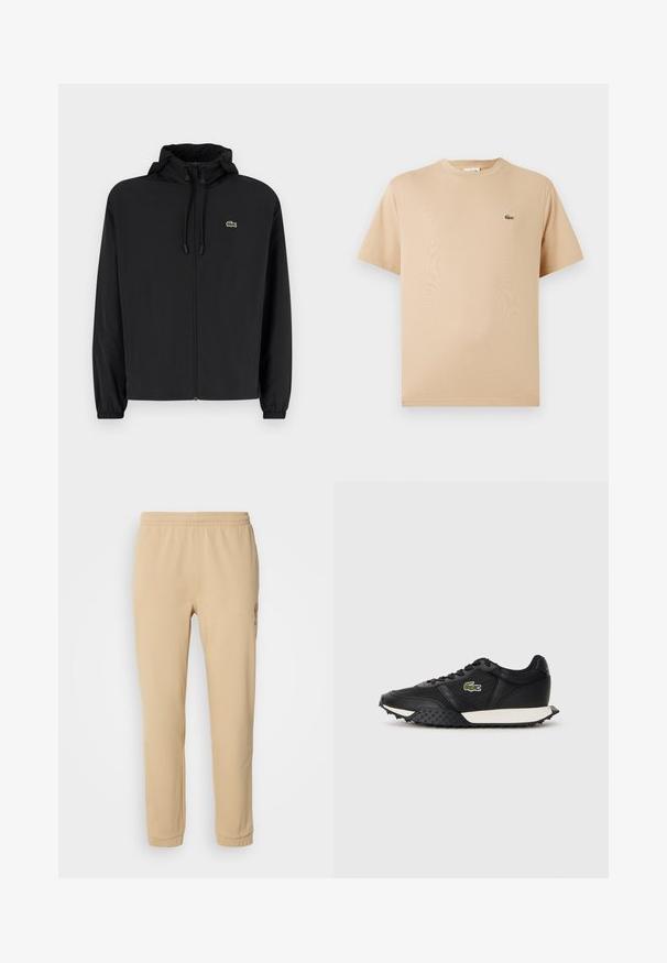 Melnas rāvējslēdzēja jakas ar kapuci, izgatavota no viegla materiāla. Ar elastīgām piedurknēm un mazu zaļu logo kreisajā krūtī.; Beige kokvilnas T-krekls ar apaļu kakla izgriezumu un īsām piedurknēm; tam ir mazs, izšūta zaļa krokodila logo kreisajā pusē.; Bežīgas kokvilnas sporta bikses ar elastīgu jostu, sašaurinātām kājām un sānu izšuvumu, ar maigu tekstūru un vienkāršu dizainu.; Melnas kedas ar gludu ādas apdari, ar strukturētu gumijas zoli, baltu vidusdaļu un zaļu izšūtu logo sānos.