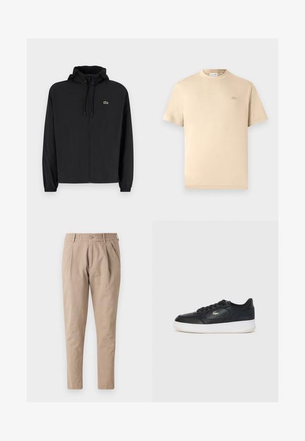 Svart zip-up jakke med hette, laget av lett materiale. Har elastiske mansjetter og en liten grønn logo på venstre bryst.; Lacoste T-shirts - viennese; Beige bomullsbukser med avslappet passform, elastisk linning, knappelukking og sidelommer. Glatt tekstur, tapered ben design.; Svarte lærersneakers med hvit såle, med rund tå, snøring og en subtil logo på siden. Teksturert overdel.