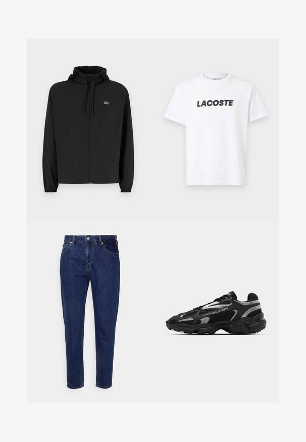 Črna jakna na zadrgo s kapuco, izdelana iz lahkega materiala. Ima elastične manšete in majhen zeleni logotip na levem prsnem delu.; Bela bombažna majica s poudarjenim črnim logotipom "LACOSTE" na prsih. Kratki rokavi in oblikovanje z okroglim izrezom.; Temno modri kavbojki z ravnimi hlačnicami, petimi žepi in zapiranjem na gumb. Imajo subtilno zbledelost in podrobnosti s šivanjem.; Črne atletske čevlje, ki združujejo mrežaste in sintetične materiale, z odsevnimi srebrnimi detajli in teksturiranimi podplati za oprijem.