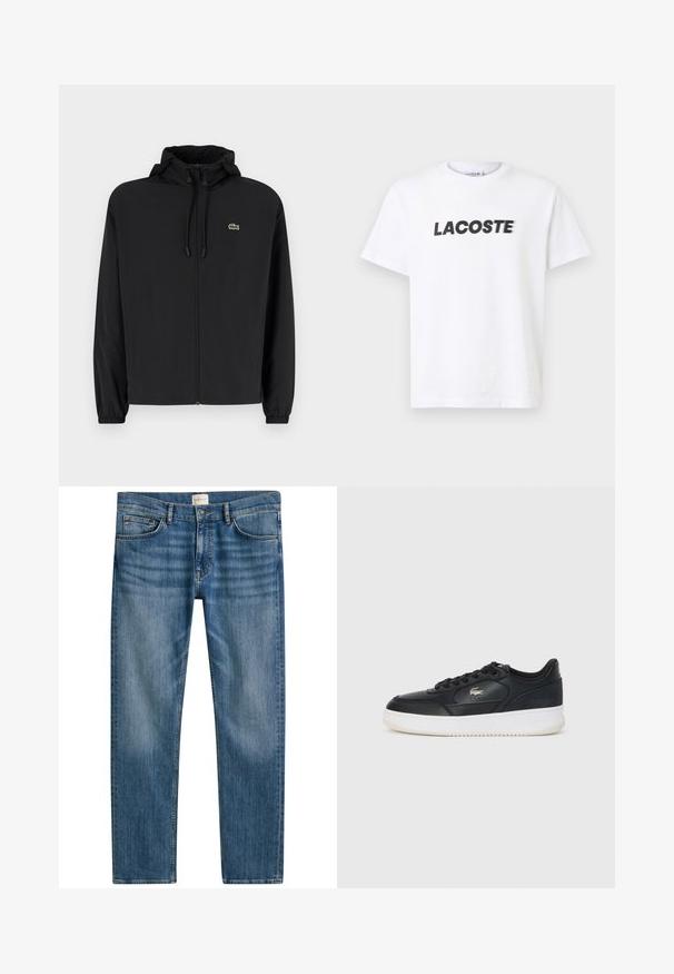 Črna jakna na zadrgo s kapuco, izdelana iz lahkega materiala. Ima elastične manšete in majhen zeleni logotip na levem prsnem delu.; Bela bombažna majica s poudarjenim črnim logotipom "LACOSTE" na prsih. Kratki rokavi in oblikovanje z okroglim izrezom.; Modre kavbojke z ravnim krojem, ki vključujejo pet žepov, zapiranje na gumb in rahlo zbledelost po tkanini za teksturo.; Črne usnjene superge z belo podlago, s zaobljenim prstom, veznim dizajnom in diskretnim logotipom na strani. Zgornji del z teksturo.