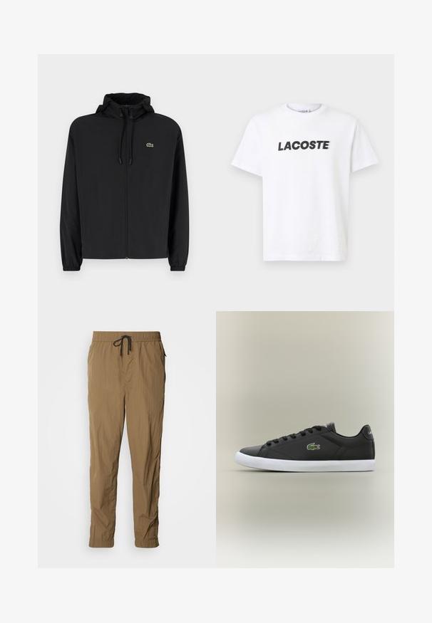 Svart zip-up jakke med hette, laget av lett materiale. Har elastiske mansjetter og en liten grønn logo på venstre bryst.; Hvit bomulls t-skjorte med en fremtredende svart "LACOSTE" logo på brystet. Korte ermer og rund hals.; Lys brun, elastisk livbånd bukser med snor, med en krøllet tekstur og tapered ben-design. Inkluderer sidelommer.; Svarte lær sneakers med hvit gummisåle, med grønt krokodillelogo og runde snører, elegant design med glatt tekstur.