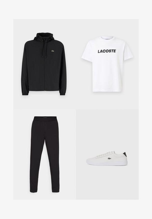 Czarna kurtka zapinana na zamek z kapturem, wykonana z lekkiego materiału. Posiada elastyczne mankiety oraz małe zielone logo na lewej piersi.; Biała bawełniana koszulka z wyraźnym czarnym logo "LACOSTE" na piersi. Krótkie rękawy i okrągły dekolt.; Czarne zwężane spodnie z elastycznym pasem, wykonane z gładkiego, lekkiego materiału, bez widocznych wzorów czy detali sprzętowych.; Białe skórzane sneakersy z okrągłym noskiem, sznurowanym przodem i czarnym akcentem na pięcie. Posiadają małe wyszywane logo krokodyla po boku.