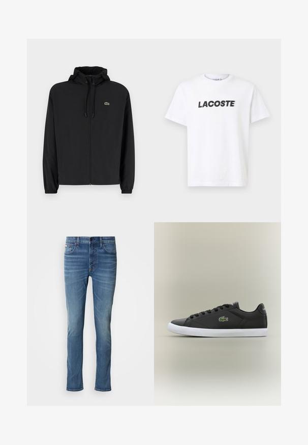 Crna jakna na zip s kapuljačom, izrađena od laganog materijala. Ima elastične manžete i mali zeleni logotip na lijevoj strani prsnog koša.; Bijela pamučna majica s istaknutim crnim logotipom "LACOSTE" na prsima. Kratki rukavi i dizajn s okruglim izrezom.; Svijetloplavi traperice s ravnim nogavicama, sadrži pet džepova, vidljive šavove te kopčanje na gumb i patentni zatvarač.; Crne kožne tenisice s bijelim gumenim potplatom, s zelenim krokodilom kao logotipom i okruglim vezicama, elegantnog dizajna s glatkom teksturom.