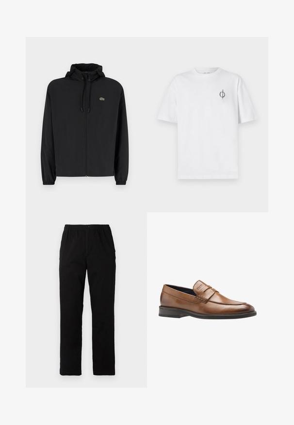 Juodas užtrauktukas striukė su gaubtu, pagaminta iš lengvos medžiagos. Savybės: elastiniai apykaklės ir mažas žalias logotipas kairėje krūtinės pusėje.; Balta medvilninė marškinė su laisvu siluetu, su mažą juodą grafiką logotipą kairėje krūtinės pusėje. Trumpomis rankovėmis, apvaliu kaklu.; Juodi kelnės, pagamintos iš medvilnės mišinio, su tiesiomis kirpimo linijomis, elastingu liemeniu su mygtuku ir be aiškių raštų ar akcentų.; Rudos odinės loafer'iai su lygia apdaila, papuošti siuvinėjimais ir iškeltu logotipu priekyje. Šiek tiek apvalus pirštas ir juodas padas.