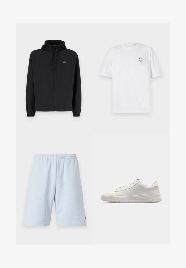 Melnas rāvējslēdzēja jakas ar kapuci, izgatavota no viegla materiāla. Ar elastīgām piedurknēm un mazu zaļu logo kreisajā krūtī.; Bāla kokvilnas t-kreklu ar brīvu piegulšanu, kuram uz kreisā krūšu apvidus ir neliels melns grafiskais logotips. Īsas piedurknes, apaļas kakla izgriezums.; Gaiši zili kokvilnas šorti ar elastīgu jostu. Iespējas: vienkāršs, vienkrāsains dizains un atvērts apakšmalas galiņš. Logo akcenti apakšmalā.; Baltas sporta apavi ar gludu ādas virsu, apaļu purngalu, saistēm un biezu gumijas zolīti. Uz sāna ir smalka logotipa emblēma.