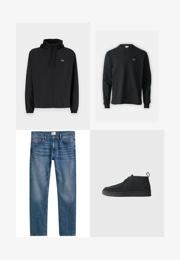 Mustmust jacket, millel näpsuga, kergest materjalist. Omab elastseid mansette ja väikest rohelist logo vasakul rinnal.; Must musta särk pikad varrukad, valmistatud puuvillast, ümar kaelus ja vasakul rinnal väike rohelise värvi tikandiga krokodillilogoga.; Sinised teksapüksid sirge lõikega, viie taskuga, nööpiga sulgemisega ning kergelt pleekinud kangas tekstuuri jaoks.; Must värvi sametist nööbitavad ankle-kingad tõmbluku ja tekstureeritud tallaga, millel on külgedel väike reljeefne krokodillilogo.