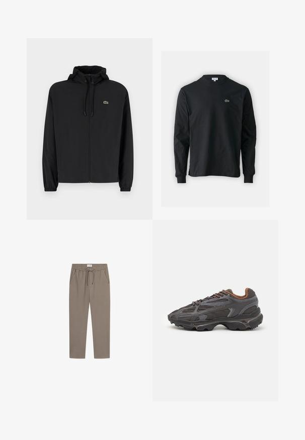 Svart zip-jacka med huva, tillverkad av lätt material. Har elastiska muddar och en liten grön logotyp på vänster bröst.; Svart långärmad t-shirt i bomull, med rund halsringning och en liten grön broderad krokodil-logotyp på vänster bröst.; Grå joggerbyxor med elastisk midja, dragsko och sidofickor. Tyg ser smidigt ut med en avslappnad passform och tapered ben.; Lacoste-sneakers i mörkgrått med nät och syntetmaterial, med en strukturerad sula och bruna detaljer på kragen och varumärket.