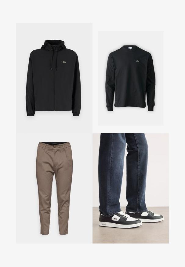 Zwarte zip-up jas met een capuchon, gemaakt van lichtgewicht materiaal. Heeft elastische manchetten en een klein groen logo op de linkerborst.; Zwarte longsleeve t-shirt van katoen, met een ronde halslijn en een klein groen geborduurd krokodillenlogo op de linkerborst.; Bruine op maat gemaakte broek met een zachte textuur, voorzien van een sluiting met knoop aan de voorkant, ceintuurlussen en twee zijzakken.; Zwart-witte Lacoste sneakers met een gestructureerde leren bovenkant, voorzien van een vetersluiting en een witte rubberen loopzool. Gecombineerd met een donkere jeans.