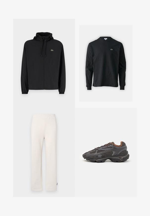 Black zip-up jacket with a hood, made of lightweight material. Features elastic cuffs and a small green logo on the left chest.; Black long-sleeve t-shirt made of cotton, featuring a round neckline and a small green embroidered crocodile logo on the left chest.; Beige cotton sweatpants with an elastic waistband and embroidered logo. Straight-leg design with a smooth texture and subtle stitching details.; Lacoste sneakers in dark gray with mesh and synthetic material, featuring a textured sole and brown accents on the collar and branding.