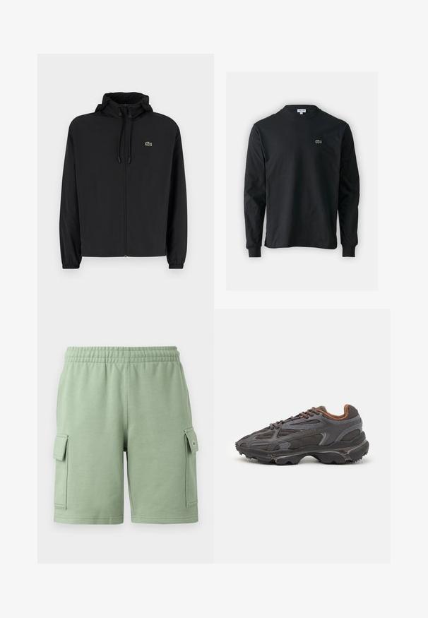 Melnas rāvējslēdzēja jakas ar kapuci, izgatavota no viegla materiāla. Ar elastīgām piedurknēm un mazu zaļu logo kreisajā krūtī.; Melna garām piedurknēm t-krekls, izgatavots no kokvilnas, ar apaļu kakla izgriezumu un mazu zaļu izšūtu krokodila logo kreisajā krūtī.; Zaļi kokvilnas šorti ar elastīgu jostu, divām sānu kabatām un mazu logo detaļu uz kreisās kabatas.; Lacoste kedas tumši pelēkā krāsā ar acu audumu un sintētisko materiālu, ar teksturētu zoli un brūniem akcentiem apkaklītē un zīmola uzrakstā.