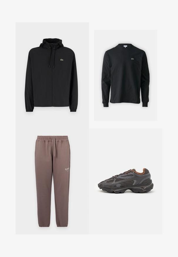Melnas rāvējslēdzēja jakas ar kapuci, izgatavota no viegla materiāla. Ar elastīgām piedurknēm un mazu zaļu logo kreisajā krūtī.; Melna garām piedurknēm t-krekls, izgatavots no kokvilnas, ar apaļu kakla izgriezumu un mazu zaļu izšūtu krokodila logo kreisajā krūtī.; Brūni kokvilnas sporta bikses ar elastīgu jostasvietu un apkaklēm, ar nelielu balto logo, kas izdrukāts uz kreisās kājas.; Lacoste kedas tumši pelēkā krāsā ar acu audumu un sintētisko materiālu, ar teksturētu zoli un brūniem akcentiem apkaklītē un zīmola uzrakstā.