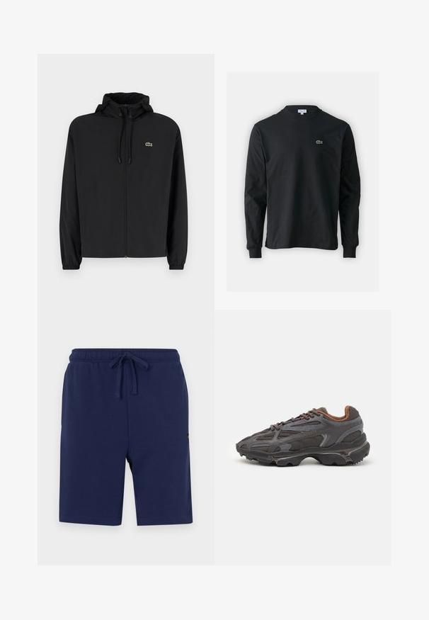 Jachetă neagră cu fermoar și glugă, fabricată din material ușor. Are manșete elastice și un mic logo verde pe pieptul stâng.; Tricou negru cu mânecă lungă, realizat din bumbac, cu un guler rotund și un mic logo brodat cu un crocodil verde pe partea stângă a pieptului.; Pantaloni scurți bleumarin, realizați dintr-un amestec de bumbac moale, având o talie elastică cu șnur și buzunare laterale.; Adidași Lacoste de culoare gri închis, din material mesh și sintetic, cu o talpă texturată și accente maronii pe guler și branding.